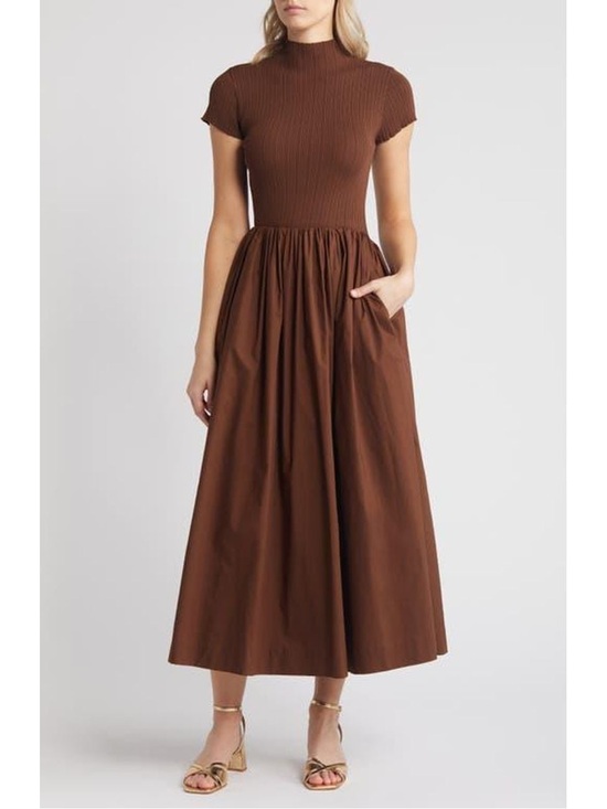 En Saison Dresses & Skirts - En Saison Brown Ribbed-Bodice Mixed Media Maxi Dress